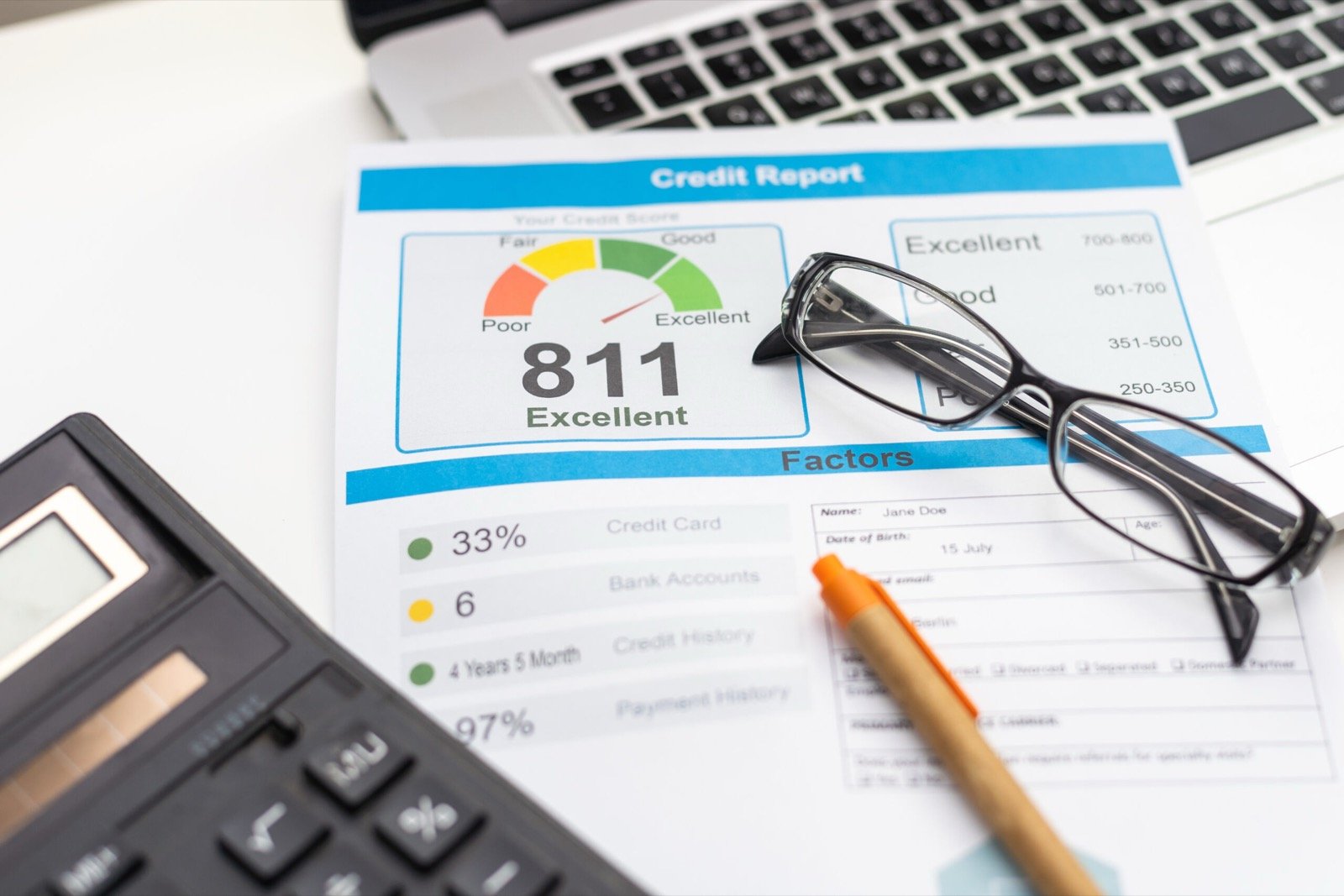phot of an 811 credit report score with glasses and calculator to accompany data furnishing blog