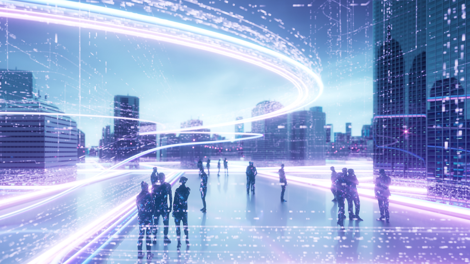 Illuminated data streams over a city skyline