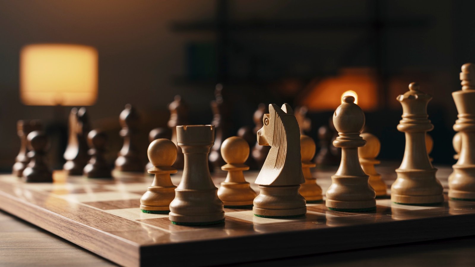 Chess pieces mid-game on a wooden board